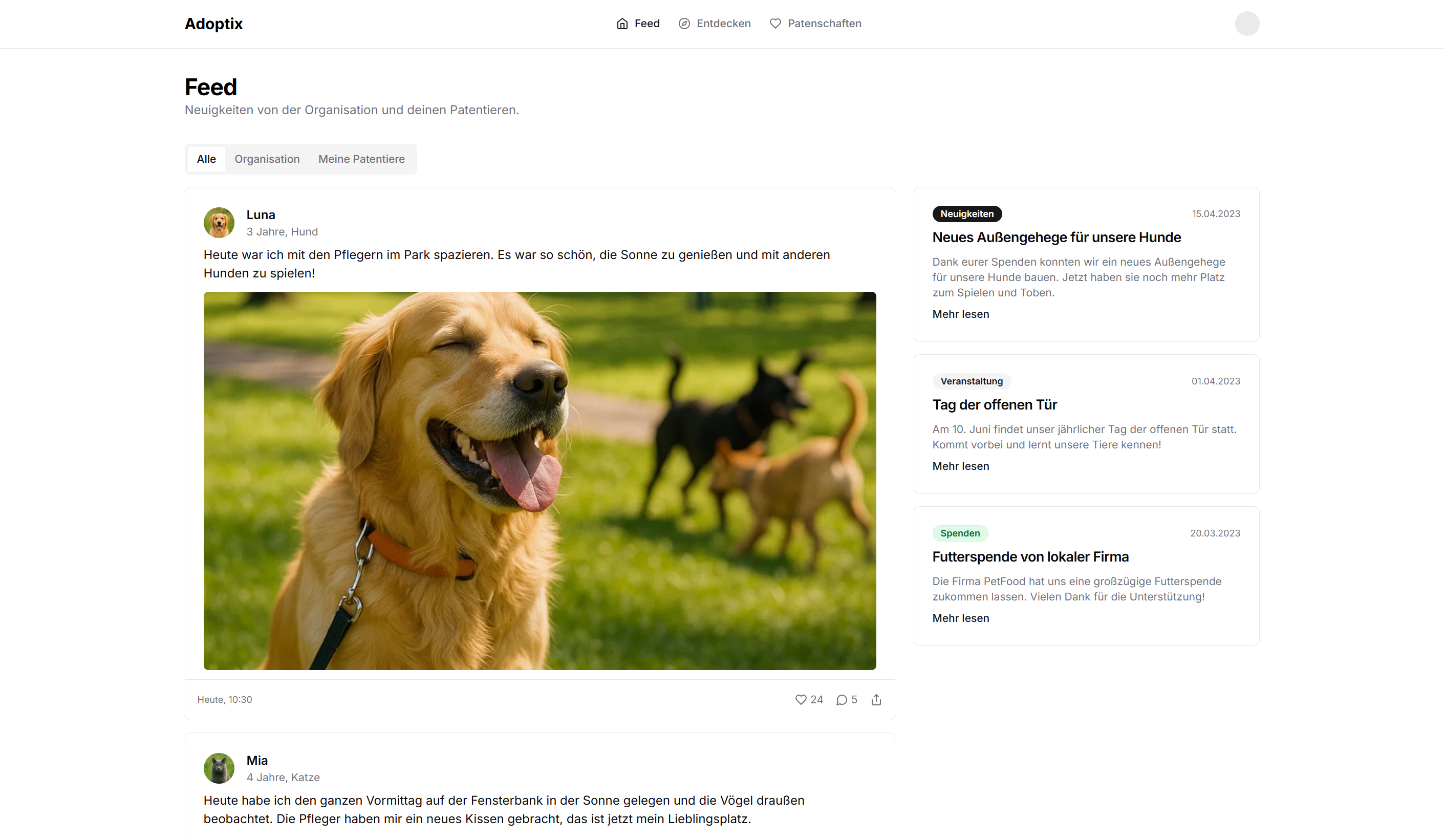 Adoptix Persönlicher Tier-Feed - Personalisierte Timeline mit Updates von Luna und anderen Patentieren